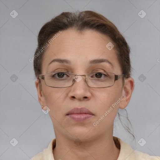 Neutral white adult female with short  brown hair and brown eyes