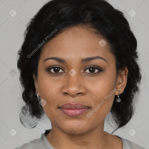 Joyful latino young-adult female with medium  black hair and brown eyes