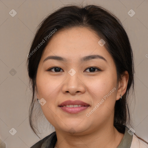 Joyful white young-adult female with medium  brown hair and brown eyes