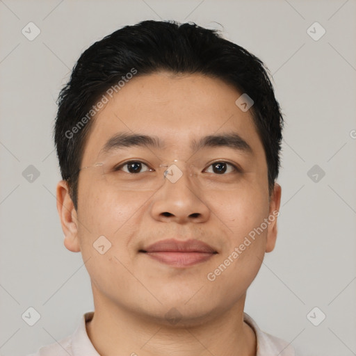 Neutral asian young-adult male with short  black hair and brown eyes