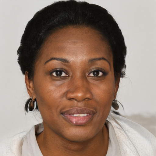 Joyful black adult female with medium  black hair and brown eyes