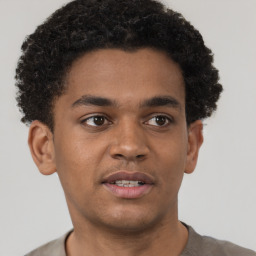 Joyful black young-adult male with short  brown hair and brown eyes