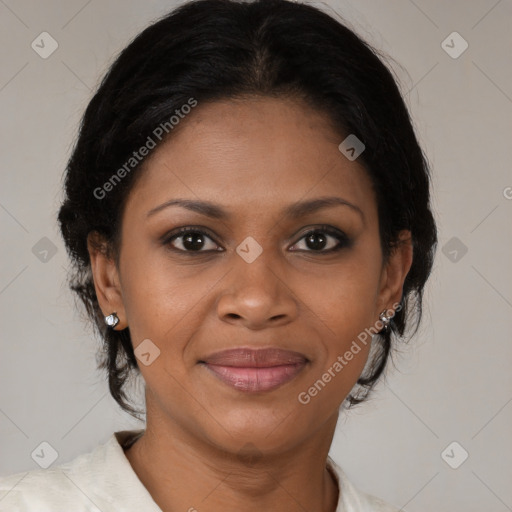 Joyful black young-adult female with medium  brown hair and brown eyes