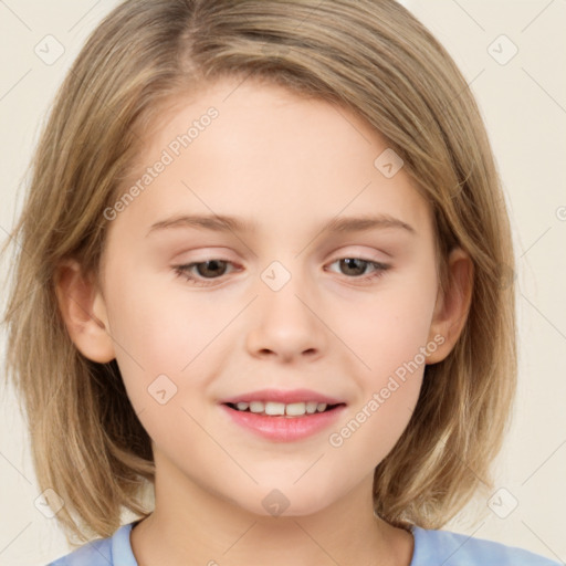 Joyful white child female with medium  brown hair and brown eyes