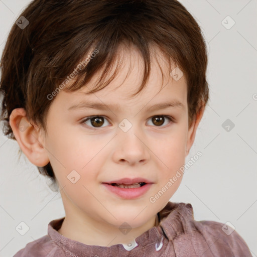 Joyful white child female with short  brown hair and brown eyes