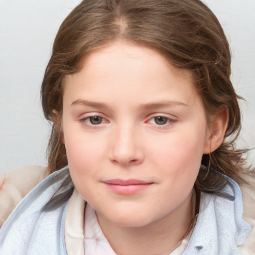 Joyful white child female with medium  brown hair and blue eyes