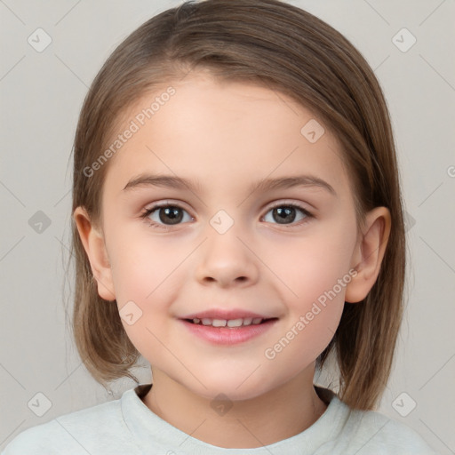 Joyful white child female with medium  brown hair and brown eyes