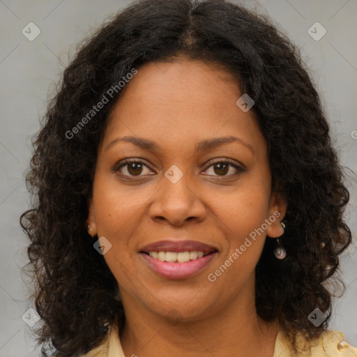 Joyful black young-adult female with medium  brown hair and brown eyes