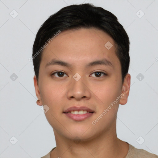 Joyful asian young-adult male with short  brown hair and brown eyes