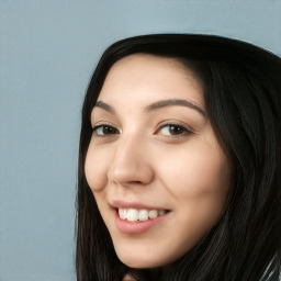 Joyful white young-adult female with long  black hair and brown eyes