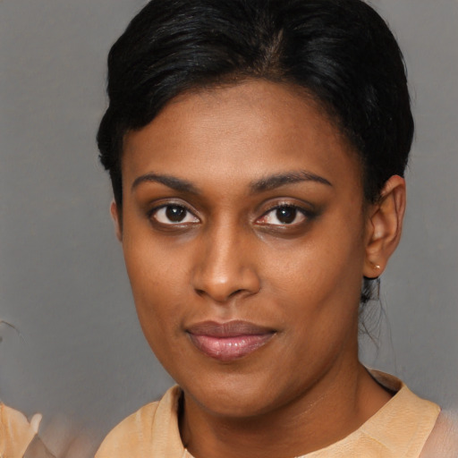 Neutral asian young-adult female with short  brown hair and brown eyes