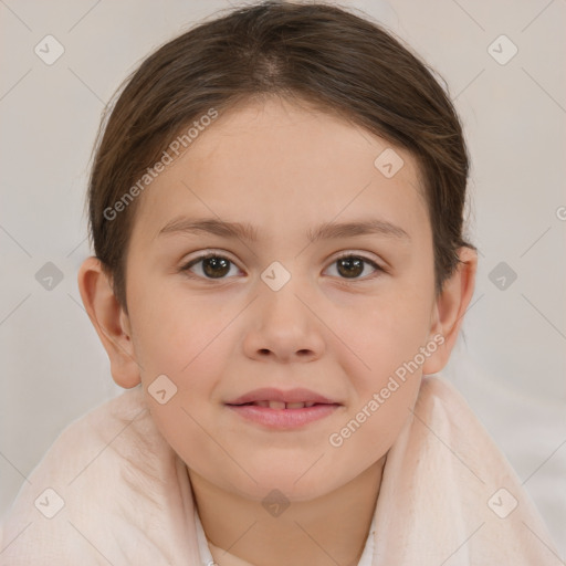 Joyful white child female with medium  brown hair and brown eyes