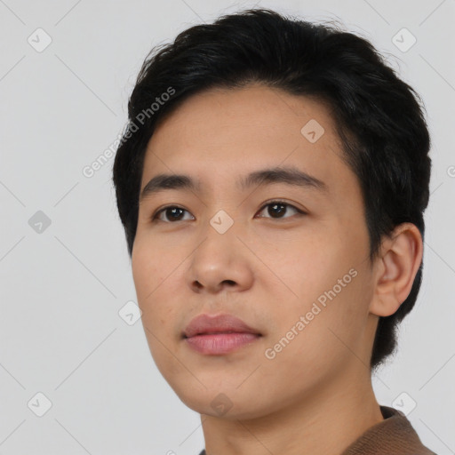 Neutral asian young-adult male with short  black hair and brown eyes