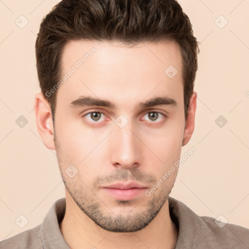 Neutral white young-adult male with short  brown hair and brown eyes