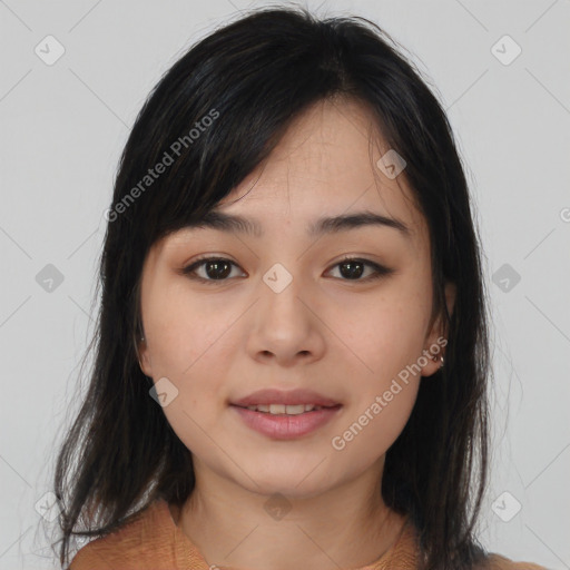 Neutral asian young-adult female with medium  black hair and brown eyes