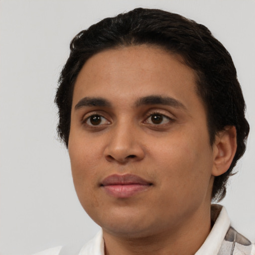 Neutral latino young-adult male with short  black hair and brown eyes