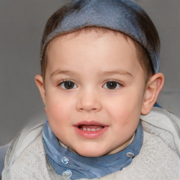 Joyful white child female with short  brown hair and blue eyes