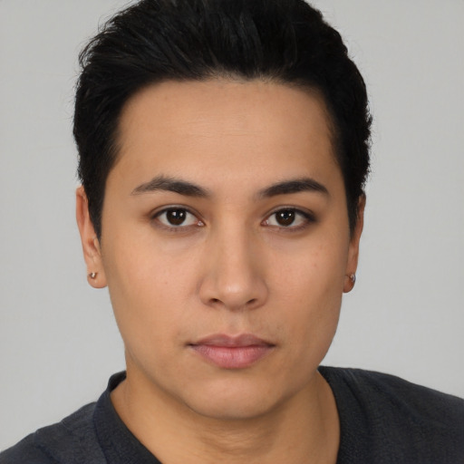 Neutral latino young-adult female with short  black hair and brown eyes