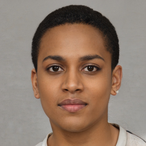 Neutral latino young-adult female with short  black hair and brown eyes