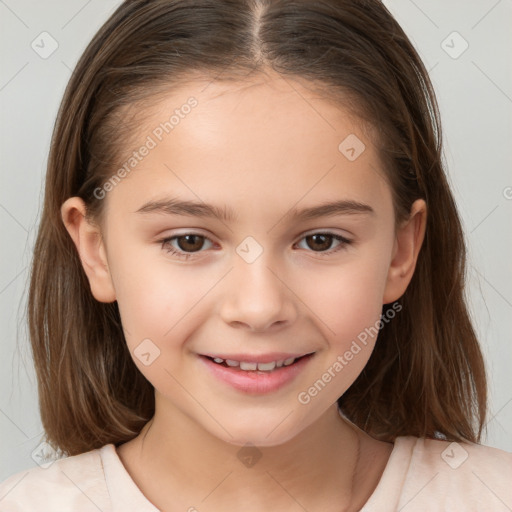 Joyful white child female with medium  brown hair and brown eyes