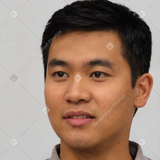 Neutral asian young-adult male with short  black hair and brown eyes