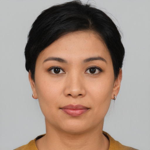 Neutral asian young-adult female with short  black hair and brown eyes