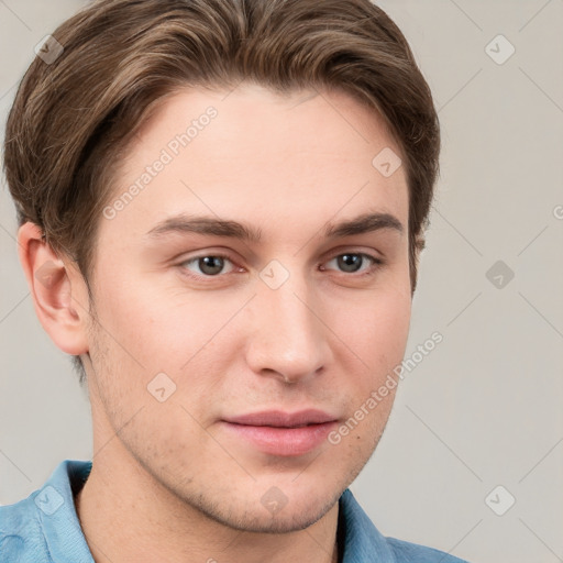 Neutral white young-adult male with short  brown hair and grey eyes