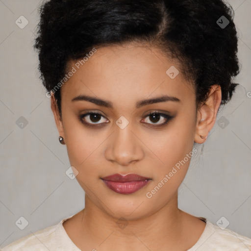 Joyful latino young-adult female with short  black hair and brown eyes