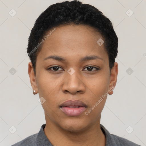 Neutral black young-adult female with short  black hair and brown eyes