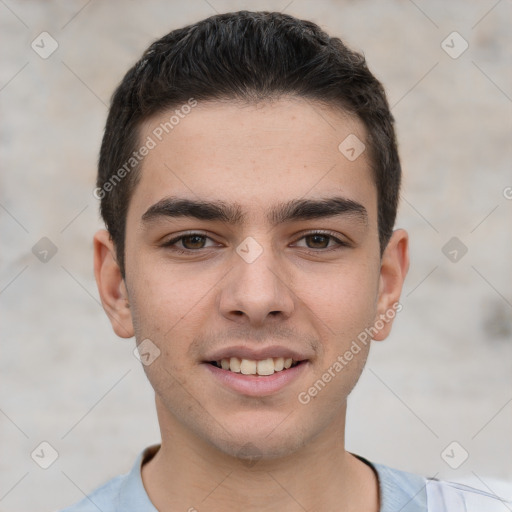 Joyful white young-adult male with short  brown hair and brown eyes