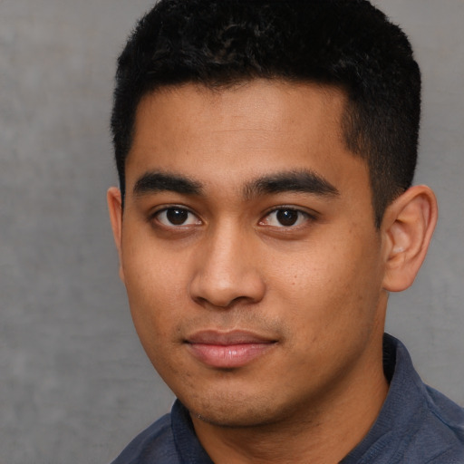 Neutral latino young-adult male with short  brown hair and brown eyes