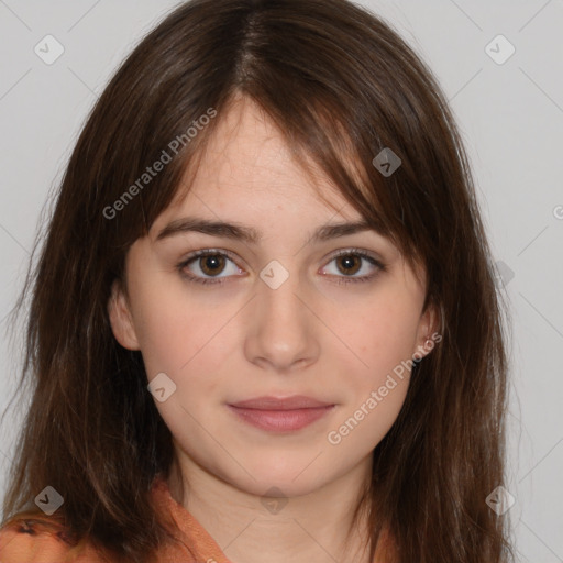 Neutral white young-adult female with medium  brown hair and brown eyes