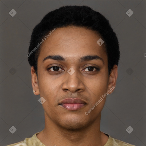 Neutral black young-adult male with short  black hair and brown eyes