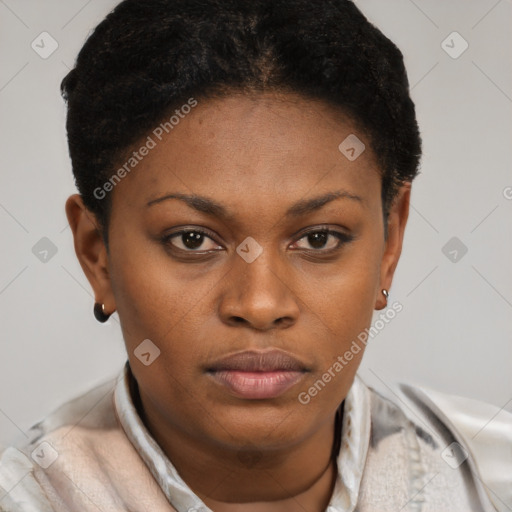 Neutral black young-adult female with short  brown hair and brown eyes