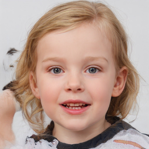 Joyful white child female with medium  brown hair and blue eyes