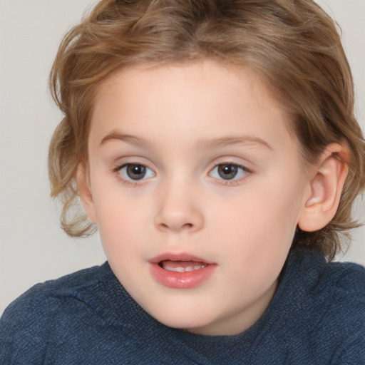 Joyful white child female with medium  brown hair and blue eyes