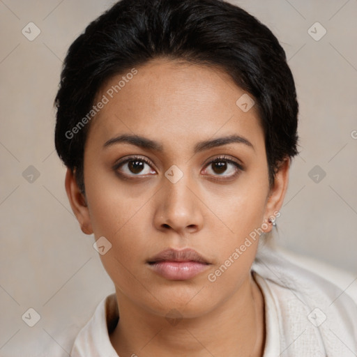 Neutral white young-adult female with short  black hair and brown eyes