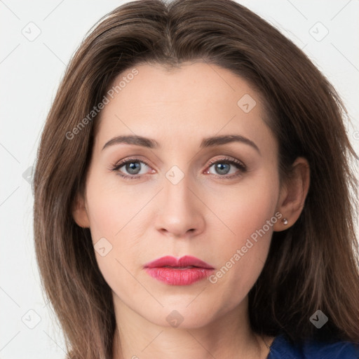 Neutral white young-adult female with long  brown hair and grey eyes