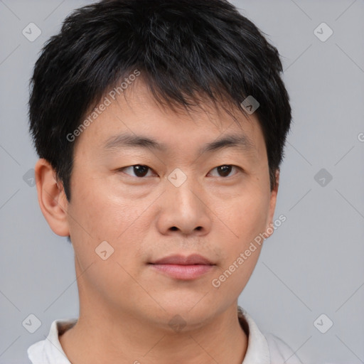 Neutral asian young-adult male with short  brown hair and brown eyes