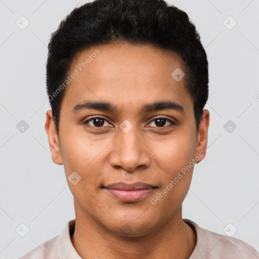 Joyful latino young-adult male with short  black hair and brown eyes