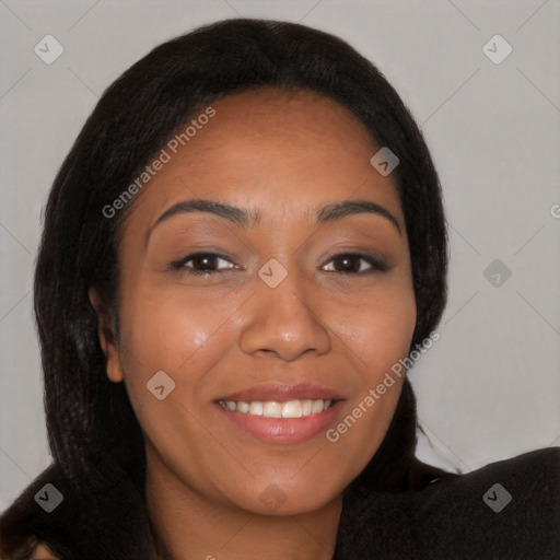 Joyful latino young-adult female with long  brown hair and brown eyes