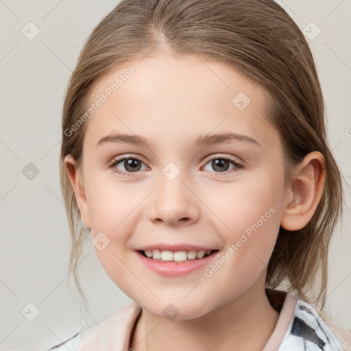 Joyful white child female with medium  brown hair and grey eyes