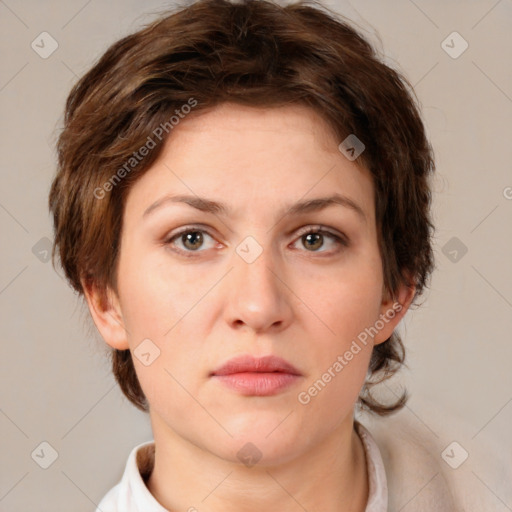 Neutral white young-adult female with short  brown hair and brown eyes