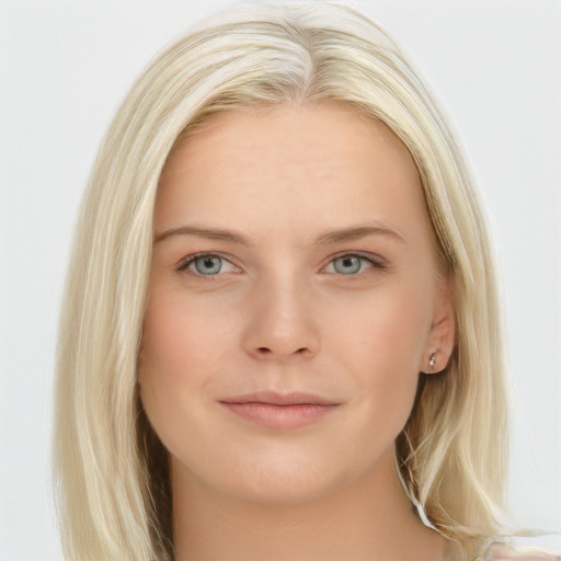 Neutral white young-adult female with long  blond hair and blue eyes