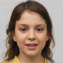 Joyful white child female with medium  brown hair and brown eyes