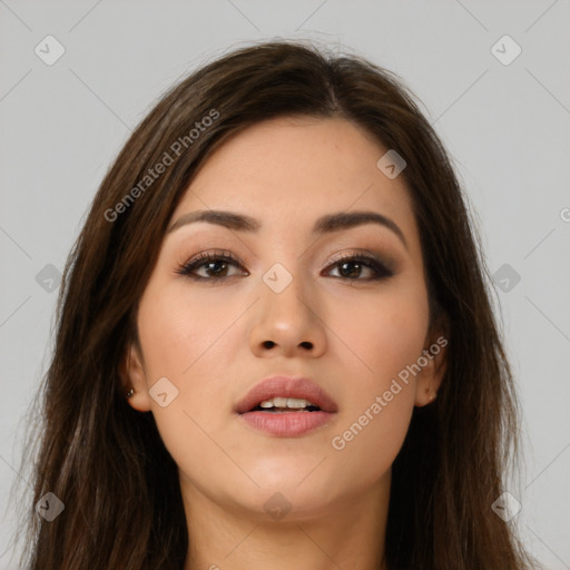 Neutral white young-adult female with long  brown hair and brown eyes