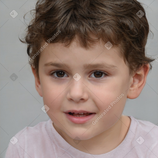 Joyful white child male with short  brown hair and brown eyes