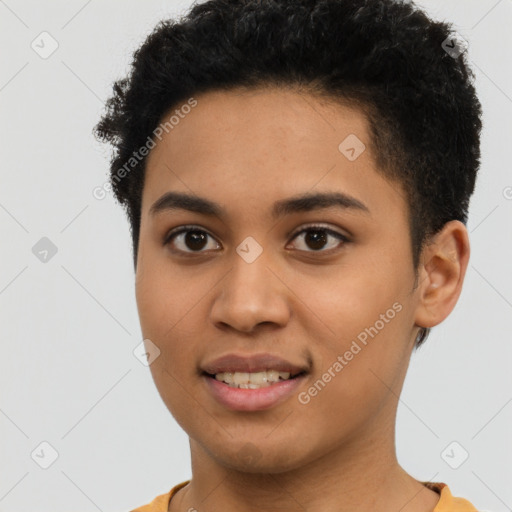 Joyful latino young-adult female with short  brown hair and brown eyes