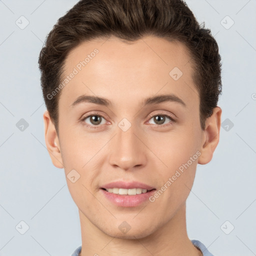 Joyful white young-adult female with short  brown hair and brown eyes