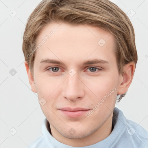 Neutral white young-adult male with short  brown hair and grey eyes